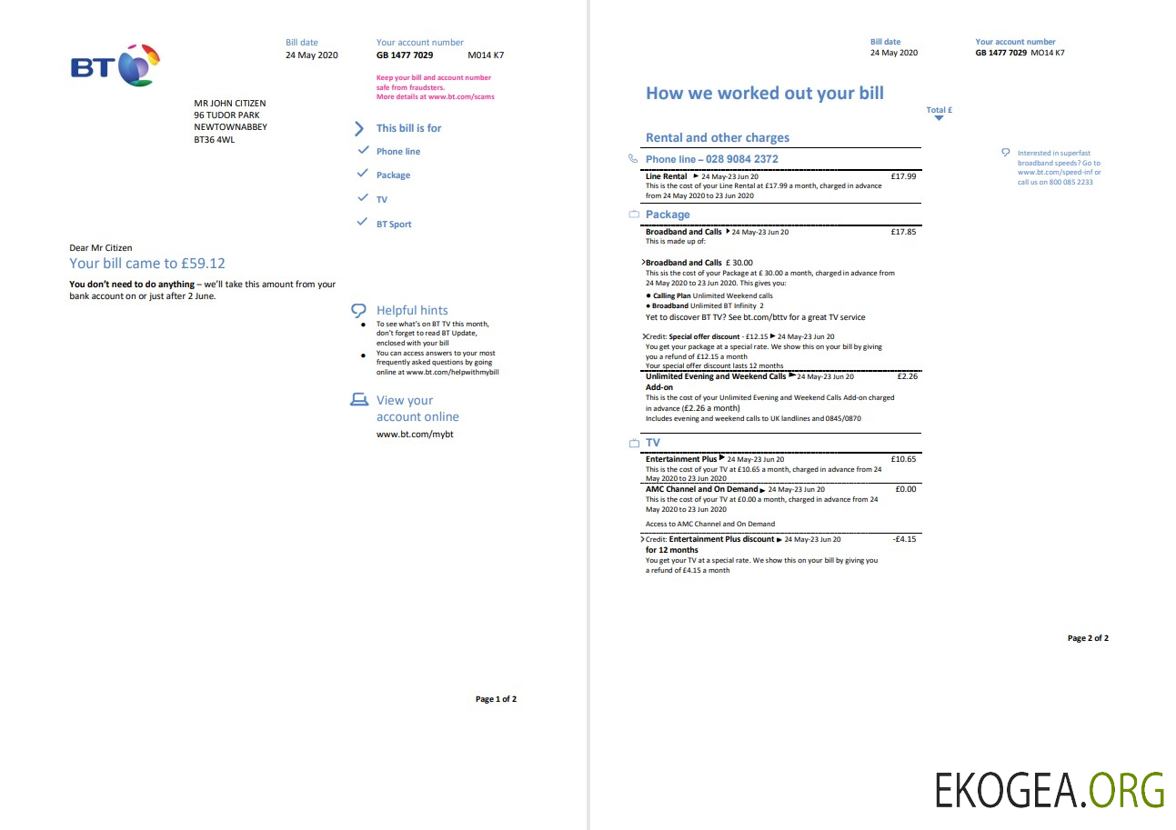 United Kingdom BT utility bill template in Word and PDF format, 2 pages